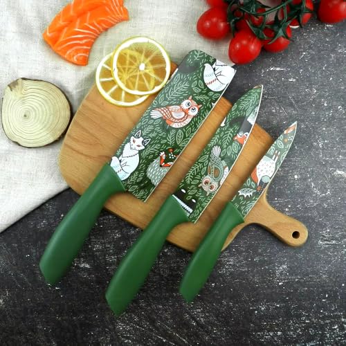 EXVITO Knife Set for Kitchen ^ Professional Stainless Steel Set of 3 Kitchen Knife, Meat Knife, Chef's Knife with Non-Slip Handle Sharpening for Home Kitchen and Restaurant - BHALU-Green